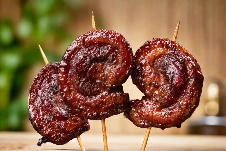 3 pork belly lollipops on skewers