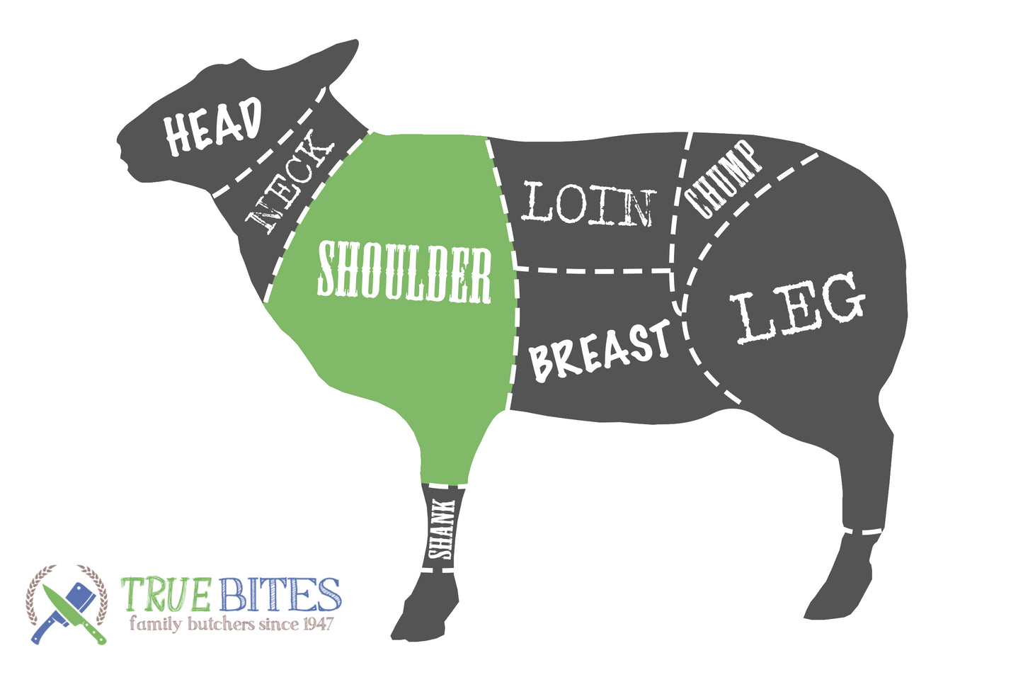 lamb cutting diagram with shoulder highlighted 